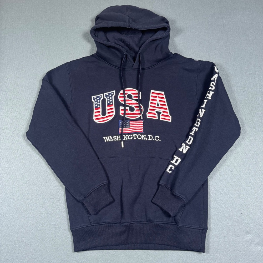 ANWA USA Washington DC Hoodie Mens Medium Navy Blue Embroidered Flag Sweatshirt